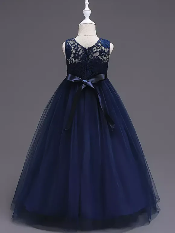 Robe cérémonie fille robe cortège enfant col rond décoré de noeud