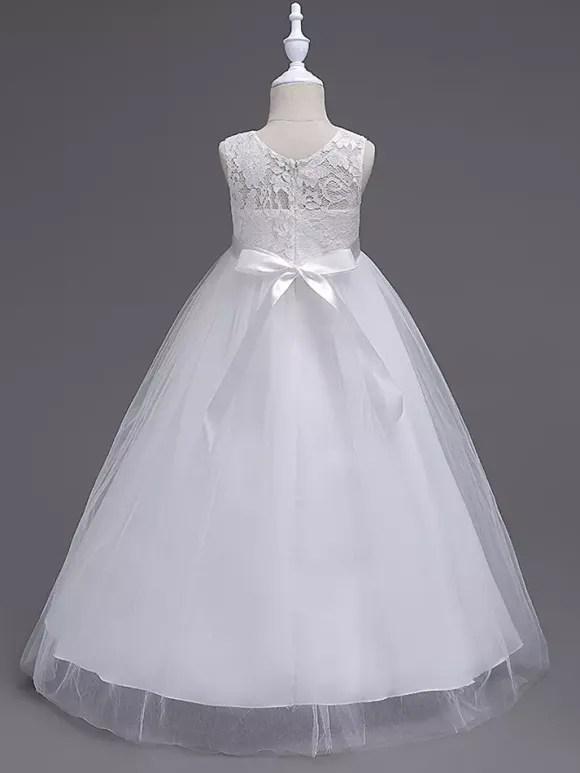 Robe cérémonie fille robe cortège enfant col rond décoré de noeud