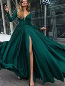 Robe de bal 2026 A-line col en v en soie élastique comme satin Robes de soirée plissées sur le devant à manches longues
