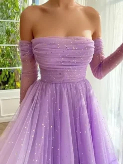 Robe de bal à paillettes col bateau tulle longueur cheville robe mi-longue