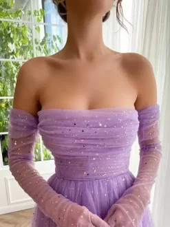 Robe de bal à paillettes col bateau tulle longueur cheville robe mi-longue