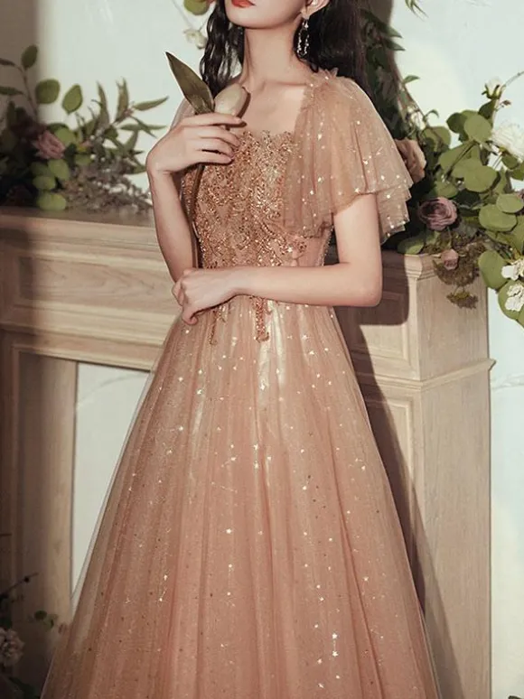 Robe de bal 2026 robe de bal marron épaules dénudées tulle manches courtes perlées longueur au sol robes de reconstitution historique robes d'invité de mariage personnalisation gratuite