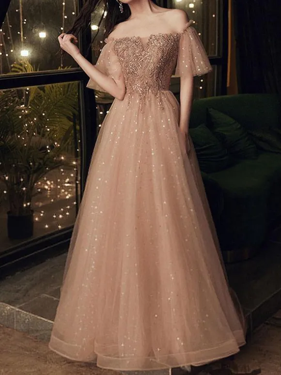 Robe de bal 2026 robe de bal marron épaules dénudées tulle manches courtes perlées longueur au sol robes de reconstitution historique robes d'invité de mariage personnalisation gratuite
