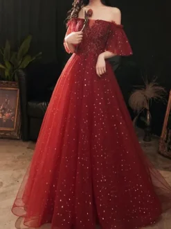 Robe de bal 2026 robe de bal marron épaules dénudées tulle manches courtes perlées longueur au sol robes de reconstitution historique robes d'invité de mariage personnalisation gratuite