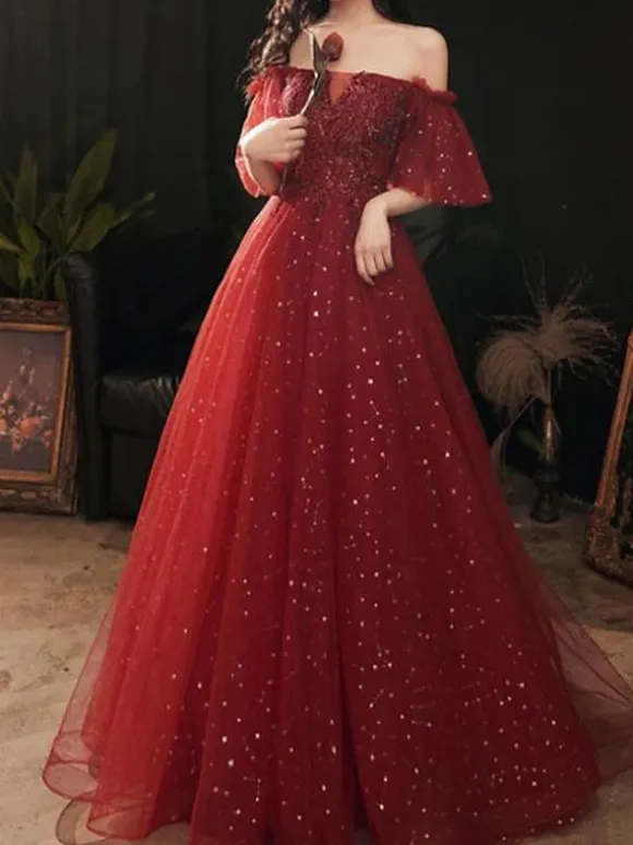 Robe de bal 2026 robe de bal marron épaules dénudées tulle manches courtes perlées longueur au sol robes de reconstitution historique robes d'invité de mariage personnalisation gratuite