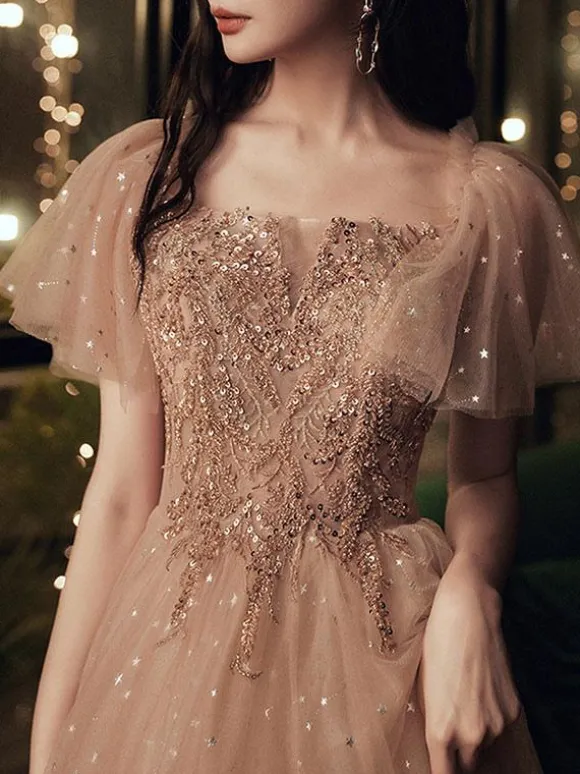 Robe de bal 2026 robe de bal marron épaules dénudées tulle manches courtes perlées longueur au sol robes de reconstitution historique robes d'invité de mariage personnalisation gratuite