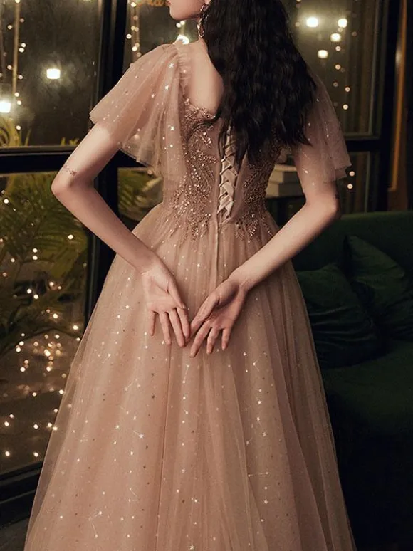 Robe de bal 2026 robe de bal marron épaules dénudées tulle manches courtes perlées longueur au sol robes de reconstitution historique robes d'invité de mariage personnalisation gratuite