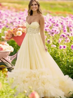 Robe de bal col en c艙ur en tulle sans manches en dentelle robes de soirée