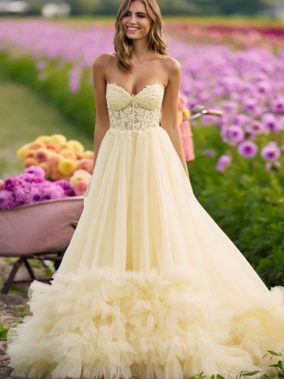 Robe de bal col en c艙ur en tulle sans manches en dentelle robes de soirée