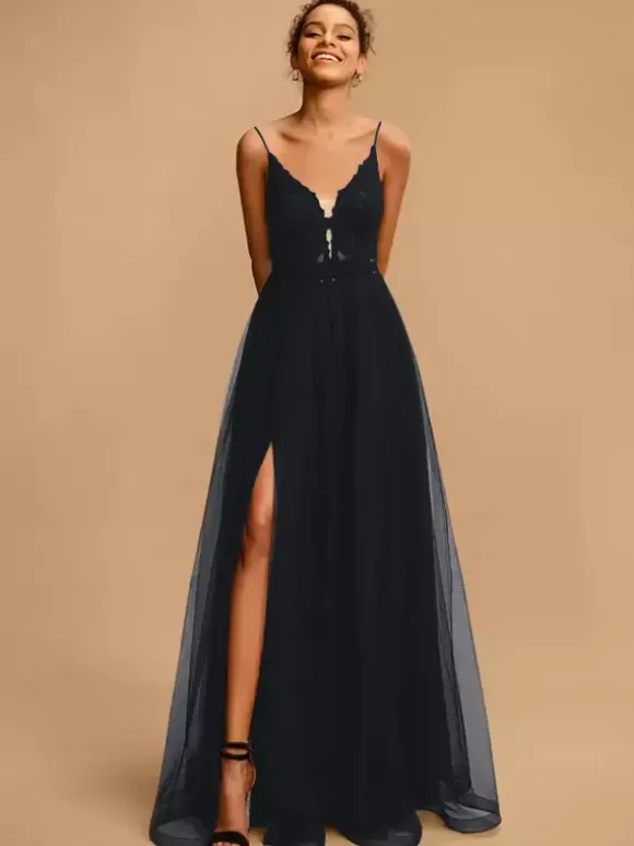 Robe de bal Col en V A-ligne Sans manches Paillettes Robes de soirée