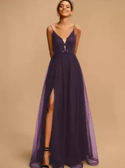 Robe de bal Col en V A-ligne Sans manches Paillettes Robes de soirée