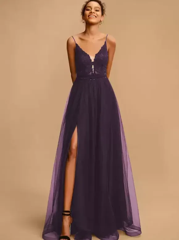 Robe de bal Col en V A-ligne Sans manches Paillettes Robes de soirée