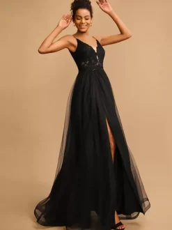Robe de bal Col en V A-ligne Sans manches Paillettes Robes de soirée