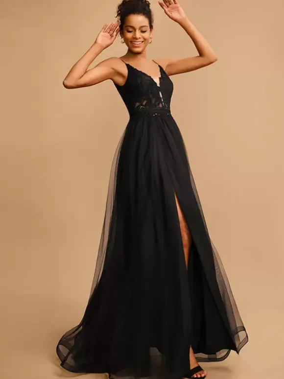 Robe de bal Col en V A-ligne Sans manches Paillettes Robes de soirée