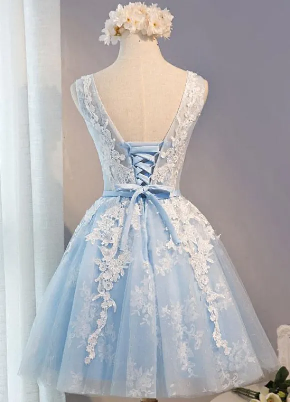 Robe de bal courte broderie en tulle bleu Robe de cérémonie