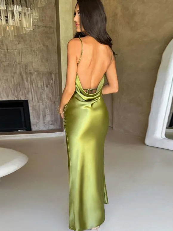 Robe de bal dos nu fente haute bretelles spaghetti robes de soirée maxi sexy