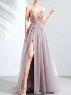 Robe de bal en dentelle col en V ligne a manches courtes robes de soirée