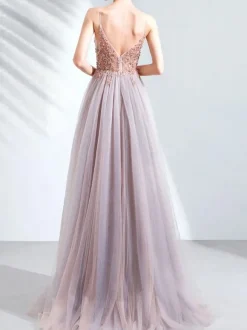 Robe de bal en dentelle col en V ligne a manches courtes robes de soirée