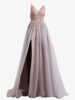 Robe de bal en dentelle col en V ligne a manches courtes robes de soirée