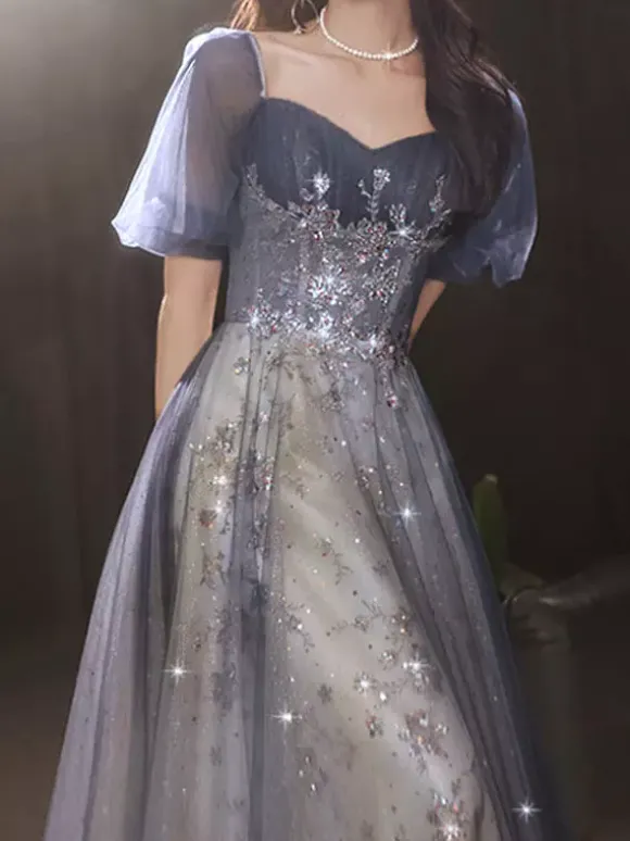 Robe de bal en dentelle col carré ligne a manches courtes robes de concours