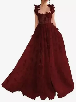Robe de bal en dentelle florale décolleté en c艙ur coupe trapèze sans manches style papillon