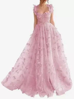 Robe de bal en dentelle florale décolleté en c艙ur coupe trapèze sans manches style papillon