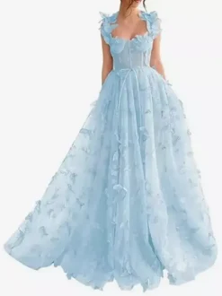 Robe de bal en dentelle florale décolleté en c艙ur coupe trapèze sans manches style papillon