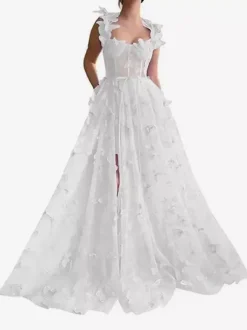Robe de bal en dentelle florale décolleté en c艙ur coupe trapèze sans manches style papillon