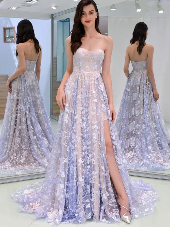 Robe de bal en dentelle sans bretelles A-ligne sans manches robes de soirée en dentelle personnalisation gratuite