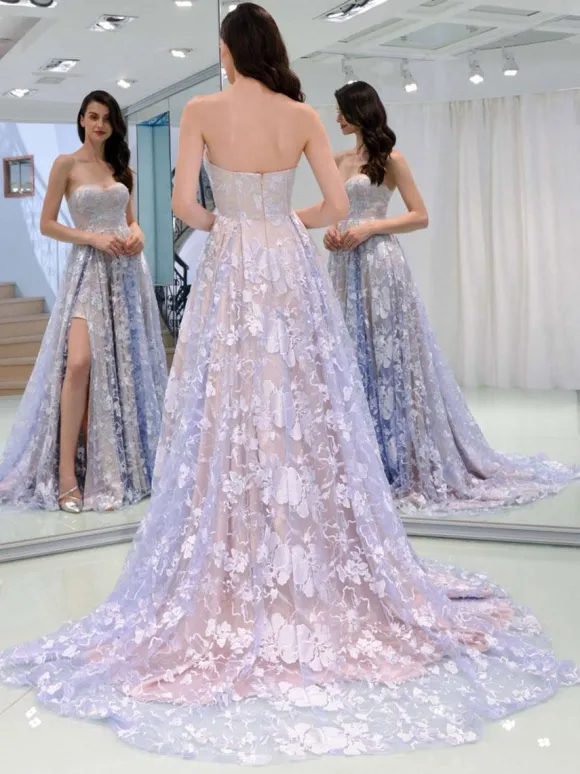 Robe de bal en dentelle sans bretelles A-ligne sans manches robes de soirée en dentelle personnalisation gratuite