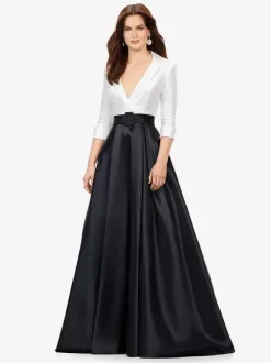 Robe de bal en tissu satiné col en V ligne a demi-manches ceinture robes de soirée
