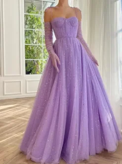 Robe de bal en tulle à paillettes et col en c艙ur et épaules dénudées