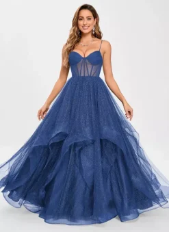 Robe de bal en tulle col en V silhouette de princesse sans manches robes d'invitées de mariage