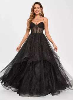 Robe de bal en tulle col en V silhouette de princesse sans manches robes d'invitées de mariage