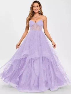 Robe de bal en tulle col en V silhouette de princesse sans manches robes d'invitées de mariage