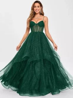 Robe de bal en tulle col en V silhouette de princesse sans manches robes d'invitées de mariage