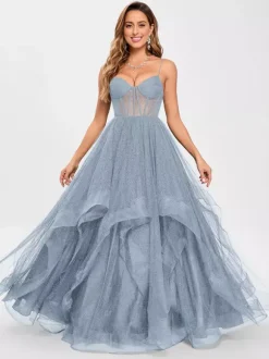 Robe de bal en tulle col en V silhouette de princesse sans manches robes d'invitées de mariage