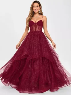 Robe de bal en tulle col en V silhouette de princesse sans manches robes d'invitées de mariage