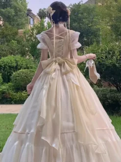 Robe de bal Fairy Lolita bleu ciel clair à lacets et n艙uds manches courtes
