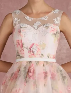 Robe de bal imprimerie floral laçage sur dos à traîne robe cocktail mariage