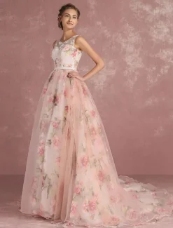 Robe de bal imprimerie floral laçage sur dos à traîne robe cocktail mariage