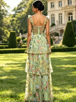 Robe de bal lavande poudré en tulle brodé de fleurs bretelles à volants corset dos en résille fente haute à plusieurs niveaux robe maxi d'invitée de mariage