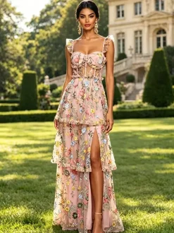 Robe de bal lavande poudré en tulle brodé de fleurs bretelles à volants corset dos en résille fente haute à plusieurs niveaux robe maxi d'invitée de mariage