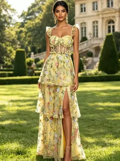 Robe de bal lavande poudré en tulle brodé de fleurs bretelles à volants corset dos en résille fente haute à plusieurs niveaux robe maxi d'invitée de mariage