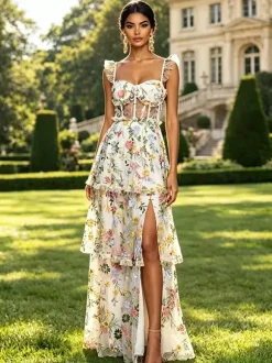 Robe de bal lavande poudré en tulle brodé de fleurs bretelles à volants corset dos en résille fente haute à plusieurs niveaux robe maxi d'invitée de mariage