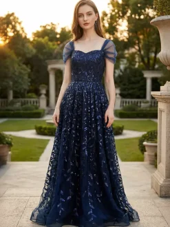 Robe de bal longue bleu profond à paillettes décolleté en c艙ur et épaules dénudées été 2026