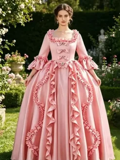 Robe de bal masqué rose rétro à volants style Marie-Antoinette en polyester pour femme.