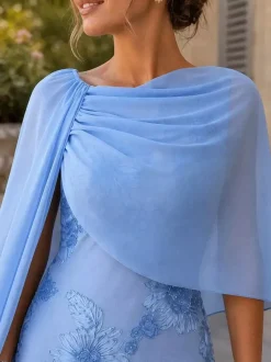 Robe de bal pour invitée de mariage décolleté travaillé mousseline manches mi-longues dentelle robe de mère de la mariée