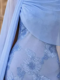 Robe de bal pour invitée de mariage décolleté travaillé mousseline manches mi-longues dentelle robe de mère de la mariée