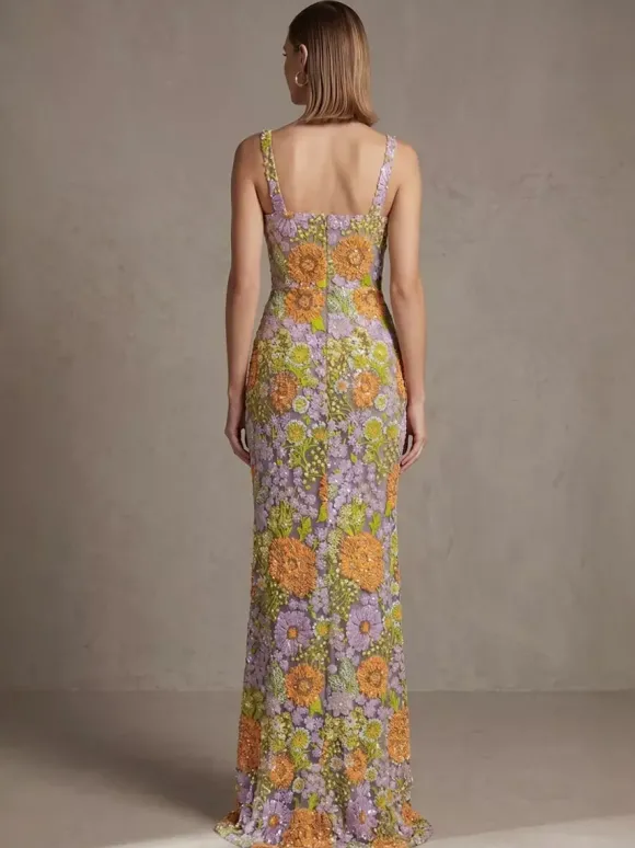 Robe de bal robe de soirée col carré dentelle longueur au sol fleurs robe de cocktail